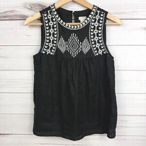 J.Crew Women's Linen Tank Top Size 00 Black with‎ White Embroidery 100% Linen